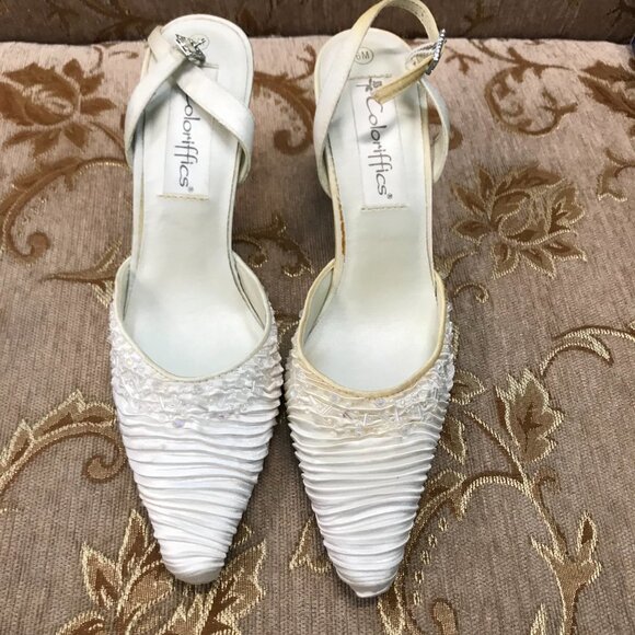 Dye-Able Ivory Satin Bling Beaded Slingback D'Orsay, Formal Pump Dress Wedding - Picture 2 of 16